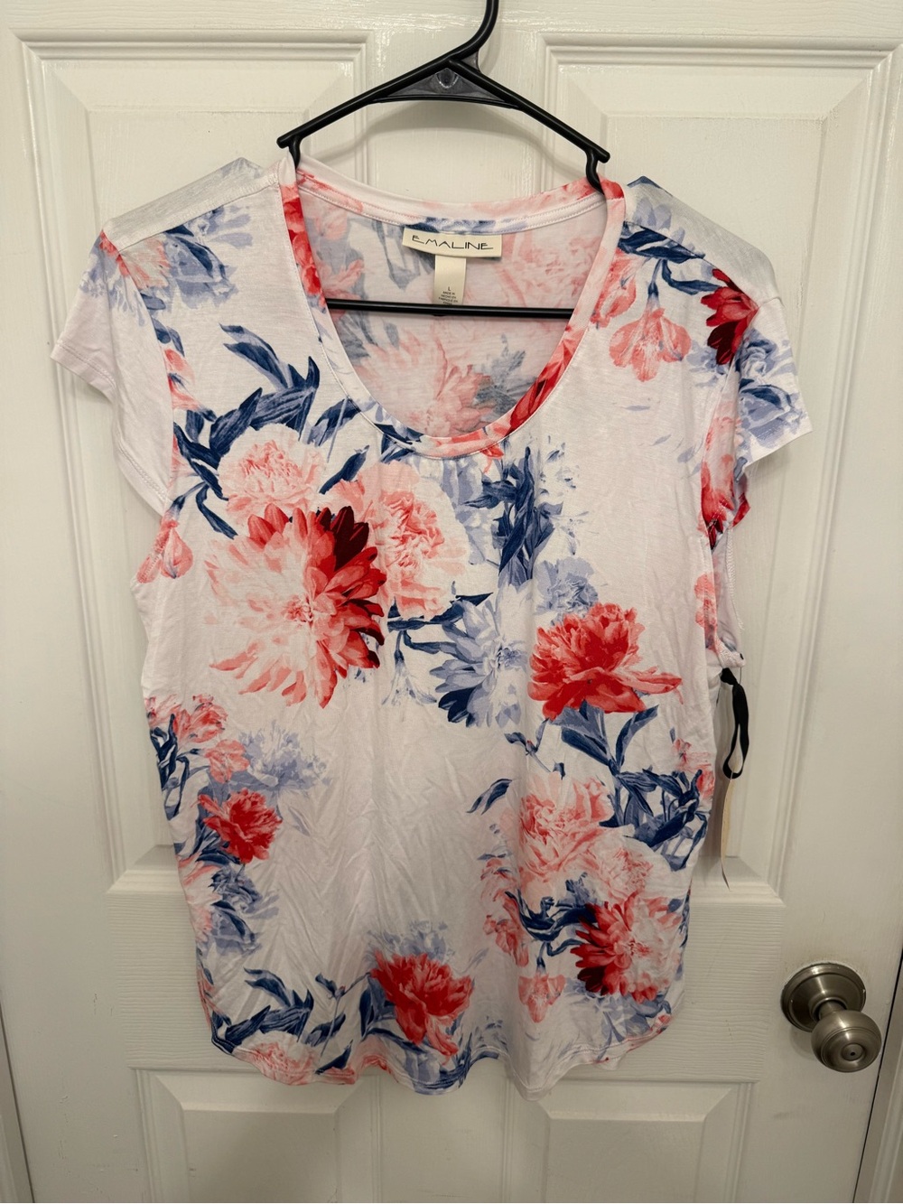 EMALINE Womans Short Sleeve Watercolor Floral Shirt Buttery Soft Sz L NEW